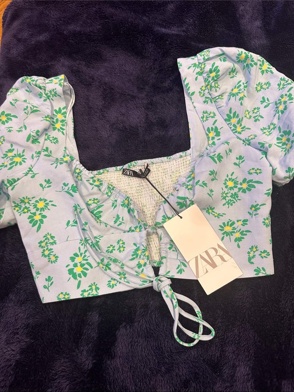 Zara Light Blue Floral Tie-Front Crop Top with Green and Yellow Print